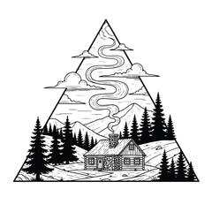 Obraz premium Black and white cabin in woods.