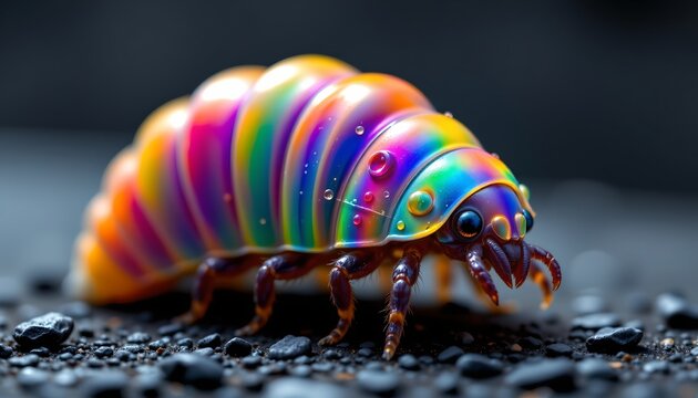 The image features a highly detailed close up of a colorful, iridescent creature resembling a pill bug or woodlouse