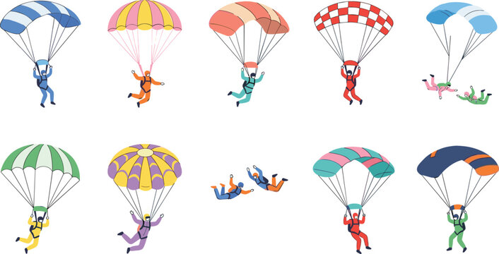 Skydiving Parachute Vector Collection Featuring Colorful Paragliders and People Descending in Extreme Adventure Sports Illustration Set