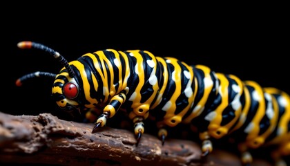 Naklejka premium The image features a close up of a brightly colored caterpillar crawling along a textured surface