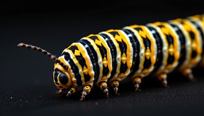 Fototapeta premium The image features a close up view of a brightly colored caterpillar with striking black, white, and yellow markings along its body