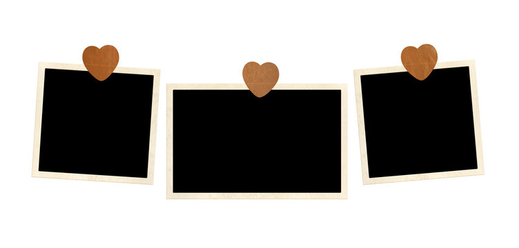 Three photo frame with heart-shaped adhesive tape pieces. Pictures album grid for scrapbooking. Vintage style mood board layout. Isolated on white background. Copy space for your text and photo