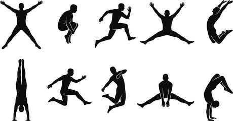 Obraz premium Dynamic Jumping and Acrobat Silhouette Collection Featuring Athletic Movement Gymnastics Running and Fitness Action Vector Set