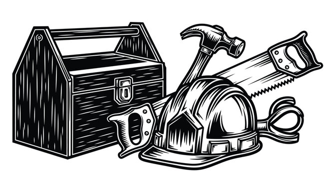 Black and white illustration of carpentry tools and a toolbox