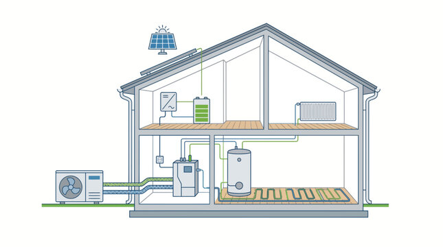 Cross section of a modern house showing heat pump, solar panels, and underfloor heating system architecture