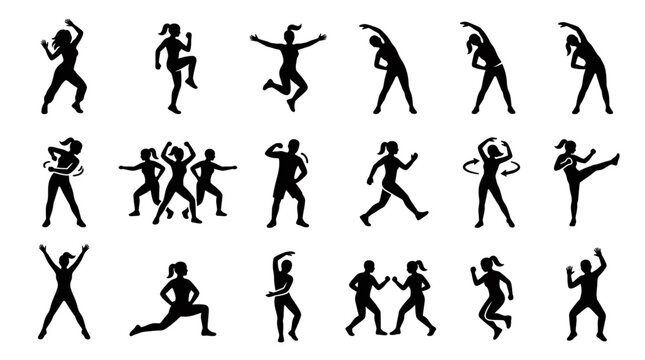 Energetic Fitness Dance Silhouette Collection Featuring Cardio Workout Zumba and Aerobic Movement Poses