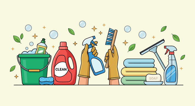 Vibrant vector illustration banner featuring an assortment of essential household cleaning supplies, tools, and gloved hands actively engaged in creating a fresh and spotless environment