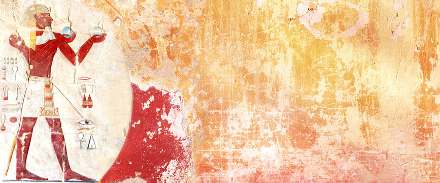 Horizontal background with Mural Wall Painting that evokes atmosphere of Egypt. Backdrop with figure of pharaoh making ritual offerings, creating a sense of grandeur and regality. Copy space for text