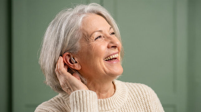 Portrait of happy smiling senior woman adjusting modern digital hearing aid device in her ear against green wall background representing healthy aging lifestyle
