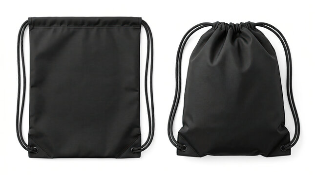Two black drawstring bags on a white background, one front and back view