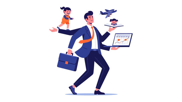 Multitasking Master: A business professional juggles multiple responsibilities with ease, balancing work and family life in a visually engaging depiction of modern demands.
