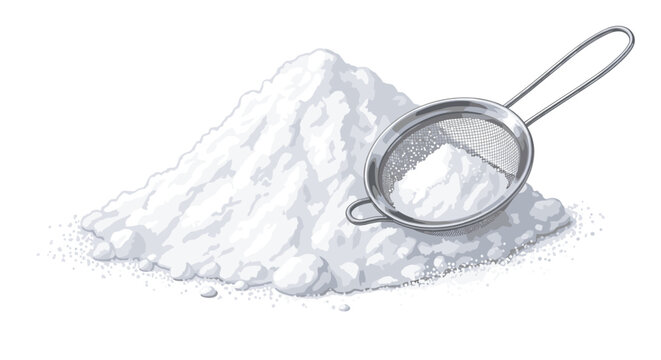 A large, soft pile of white flour or powdered sugar with a metal sifter resting within, highlighting its fine texture and essential utility in baking.