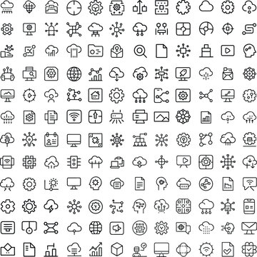 A grid of technology icons representing cloud computing, data, networking, and digital services offers a comprehensive visual toolkit for digital innovation and connectivity.
