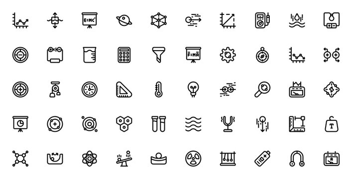 Physics icon set. Minimalist physics icons. Includes chart, balance, formula, orbit, molecules, acceleration, magnet, atom, electricity, waves. Editable stroke.
