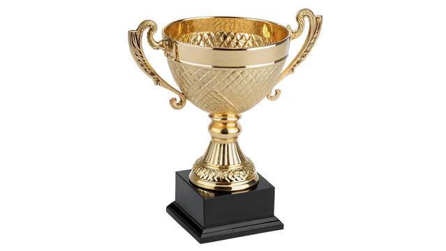 A classic golden championship trophy cup award standing majestically on a dark base isolated on transparent background cut out