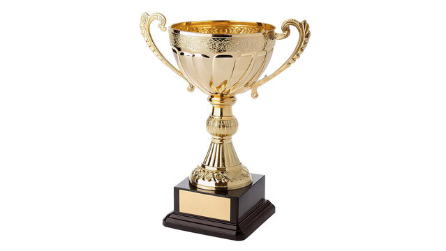 An elegant slender golden trophy cup award prize for championship tournament winners isolated on transparent background cut out