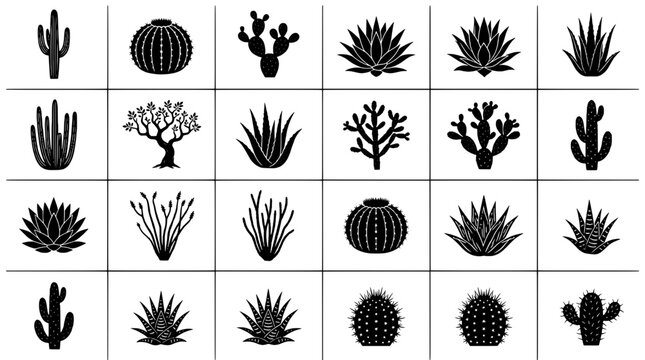 Cacti and succulents set with various shapes and styles featuring plants, desert, green with spiky and round elements for tall, short projects, clean