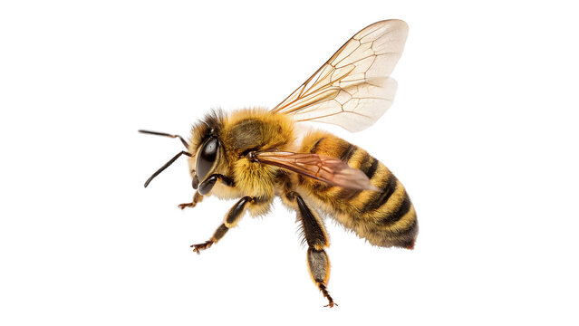 A macro shot of a wild striped honey bee insect animal flying with detailed wings isolated on transparent background cut out