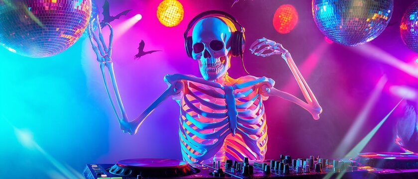 A shimmering disco ball, colorful lights flashing, bats flying, and a skeleton DJ at a Halloween party.