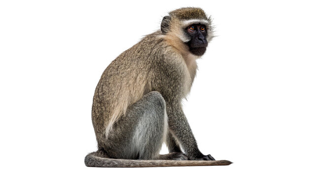 A small wild grey monkey primate animal sitting calmly side view profile facing forward isolated on transparent background cut out