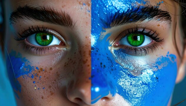 Artistic portrait of a woman's face with one side painted in vibrant blue