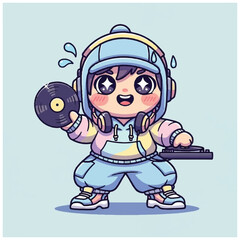Obraz premium Cartoon kid DJ holding vinyl record.
