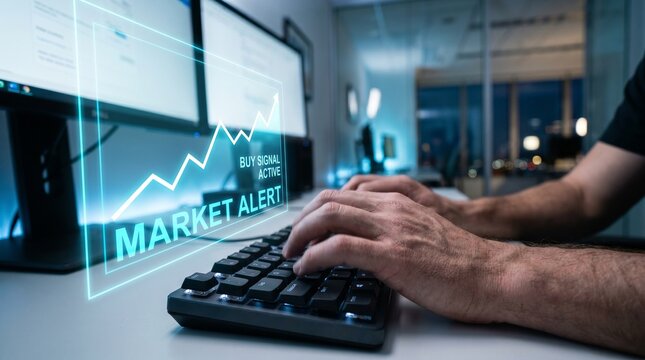 Person typing on a keyboard with a glowing market alert and financial graphs on computer screens, symbolizing real-time stock market analysis and urgent investment insights