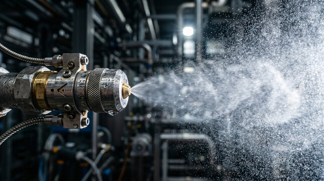 Close-up of industrial nozzle spraying mist or vapor in a mechanical factory environment