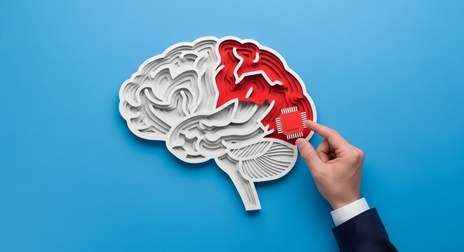 Hand inserts red computer processor into papercut human brain symbolizing cognitive enhancement and cybernetic evolution