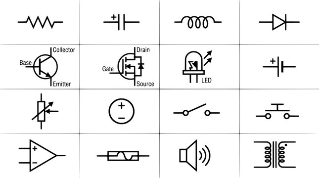Electronic circuit symbols set with various components and icons featuring resistor, battery, inductor with diode and transistor elements for MOSFET,