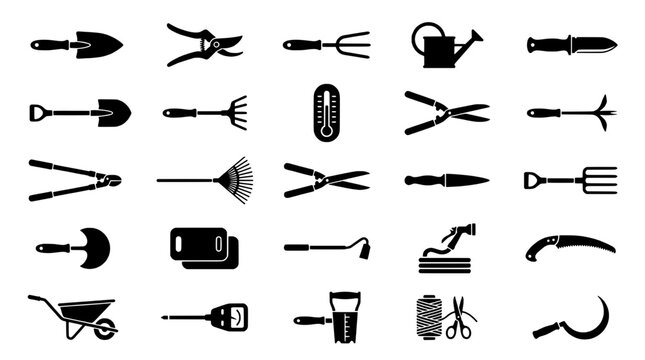 Gardening tools set with various implements for outdoor use featuring shovel, pruner, rake with watering can and shears elements for trowel, hoe