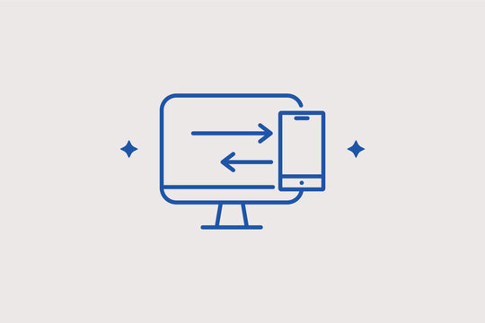 A desktop monitor connected to a smartphone line icon for cross-platform data synchronization and responsive website testing. Vector illustration for mobile app development landing pages and tech blog