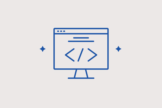 A computer screen with programming brackets line icon for software development coding and website backend engineering. Vector illustration for coding bootcamp web portals and programmer portfolio site