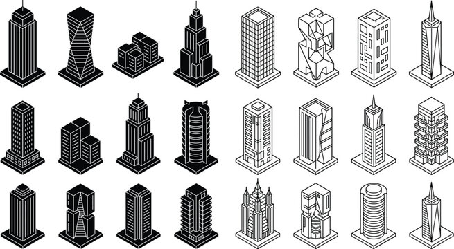 Set of isometric building icons in black solid and line art styles isolated on white background