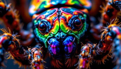 Fototapeta premium The image features a close up of a vibrantly colored insect, highlighting its detailed and striking face