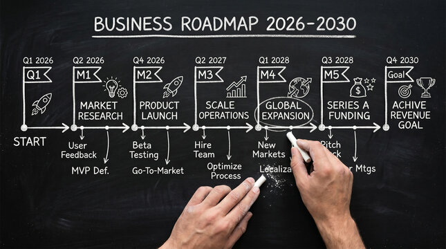 Business roadmap 2026-2030 visualized on a blackboard with chalk drawings