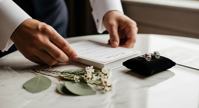 Close-up shot of hands arranging a small bouquet of flowers and cufflinks on a table, symbolizing preparation and detail