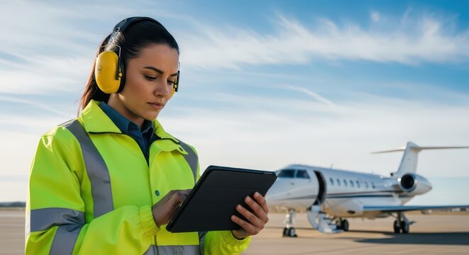 Female Airport Ground Crew Member Using Digital Tablet for Maintenance Check Near Private Jet on Tarmac