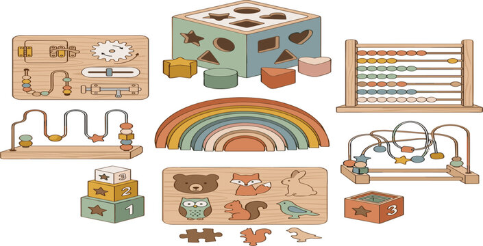 Wooden Educational Montessori Toys Vector Set Featuring Busy Board Shape Sorter Abacus Stacking Rainbow and Animal Puzzles for Toddler Learning Designs