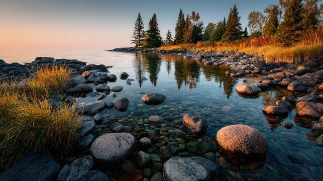 Clear shallow water with smooth round rocks on a calm lake shoreline bordered by pine trees at sunrise