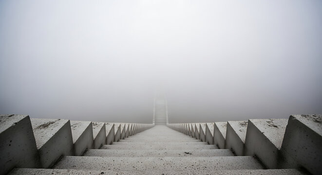 A concrete staircase disappearing into a dense fog with a symmetrical design and minimalist style ai generated
