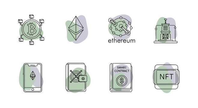 Cryptocurrency line icon set, 8 blockchain technology vector elements, ethereum and bitcoin digital finance symbols with pastel green and purple shapes