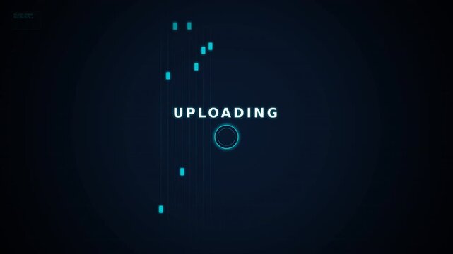 A digital uploading screen features a dark background with a progressing blue circular indicator and scattered blue pixels, symbolizing data upload