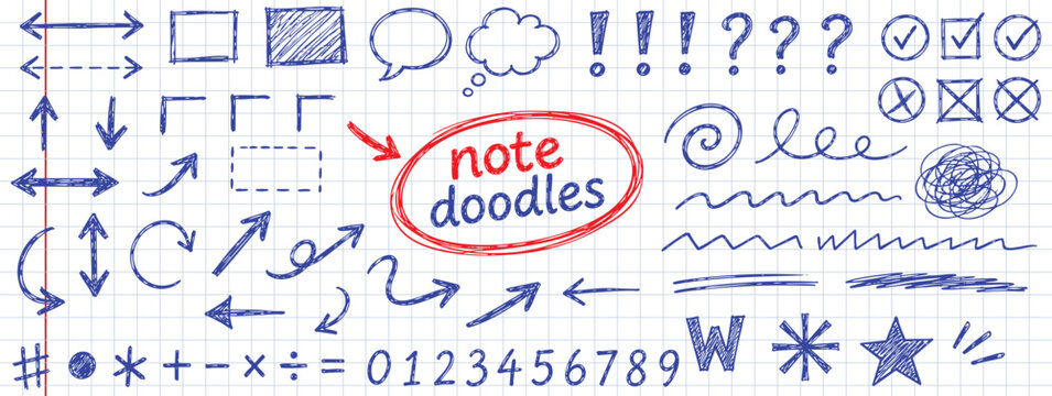 A collection of hand-drawn doodle elements including arrows, speech bubbles, checkmarks, numbers, and symbols on a blue grid paper background.