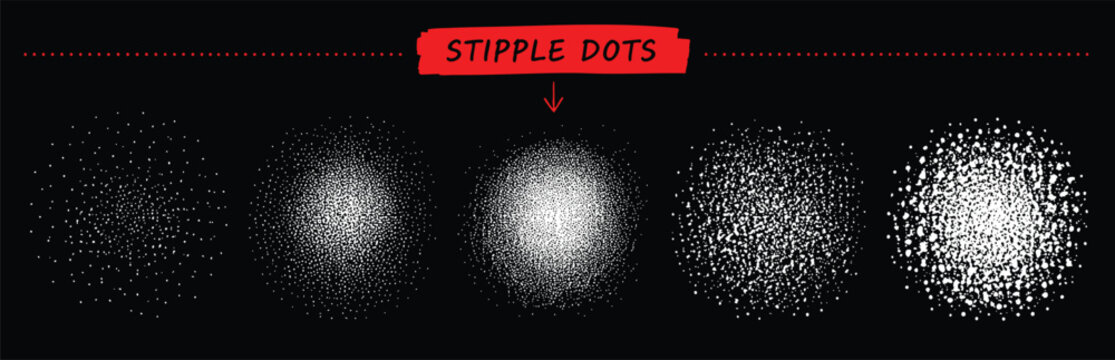 Collection of stipple dots brushes for digital art, vector illustration of dotwork shading textures, isolated on black background
