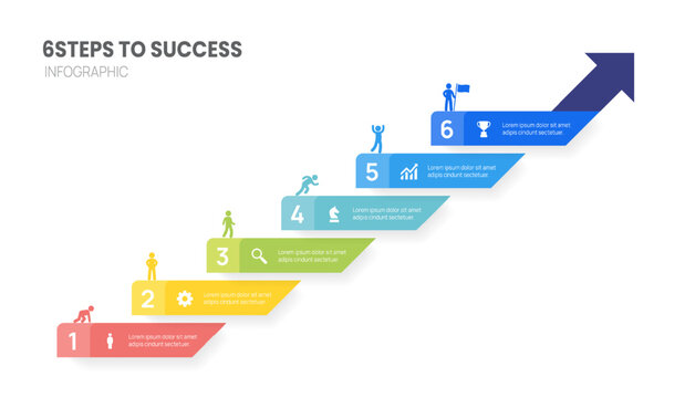 Infographics 6 Step arrow banner timeline roadmap business to success presentation template. Vector illustration.