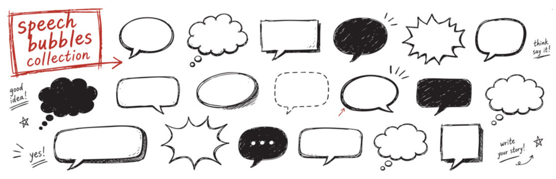 A collection of various hand-drawn speech and thought bubbles, comic style dialogue frames, and doodle elements isolated on a white background.
