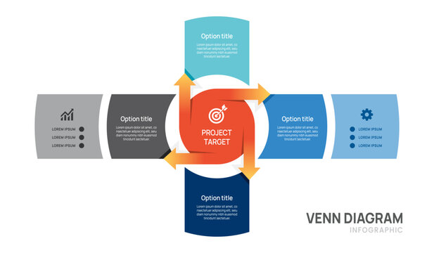 Venn diagram business infographic circle chart template 4 options, presentation with arrow Circular diagram elements vector illustration.