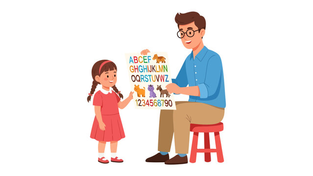 Learning Together: A father sits on a stool, holding up a colorful chart with letters and numbers for his daughter, who stands attentively, engaged in a moment of shared education and bonding.