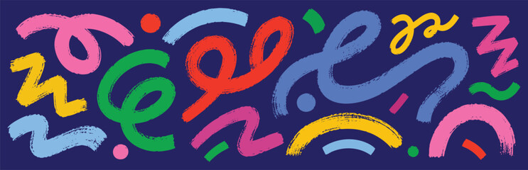 Fototapeta premium Set of colorful abstract hand-drawn doodle shapes, brush strokes, lines, and curves on a dark blue background for creative design elements.